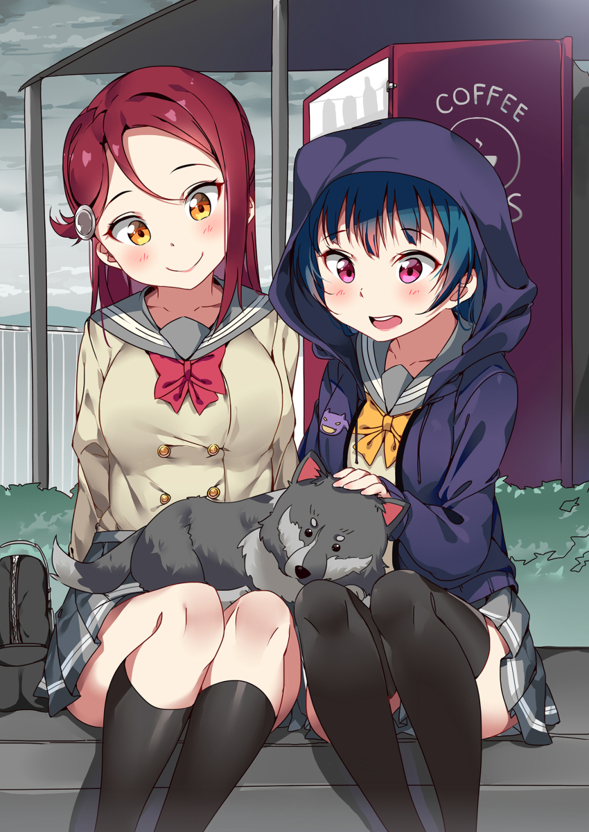 10s, 2girls, animal, animal_on_lap, anko_(love_live!), bag, black_socks, blue_hair, blush, bow, bowtie, bus_stop, buttons, dog, double-breasted, hair_ornament, hairclip, headpat, highres, hood, hooded_jacket, jacket, kneehighs, long_sleeves, love_live!, love_live!_sunshine!!, multiple_girls, on_lap, open_mouth, pleated_skirt, purple_eyes, purple_jacket, red_hair, red_neckwear, sakurauchi_riko, school_bag, school_uniform, serafuku, sitting, skirt, smile, socks, tem10, thighhighs, tsushima_yoshiko, uranohoshi_school_uniform, vending_machine, yellow_eyes, yellow_neckwear