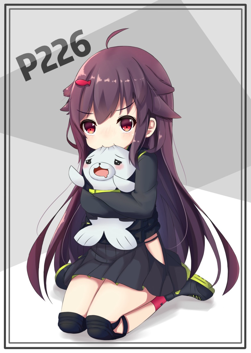 >:t, 1girl, :t, ahoge, biting, black_jacket, black_serafuku, black_shoes