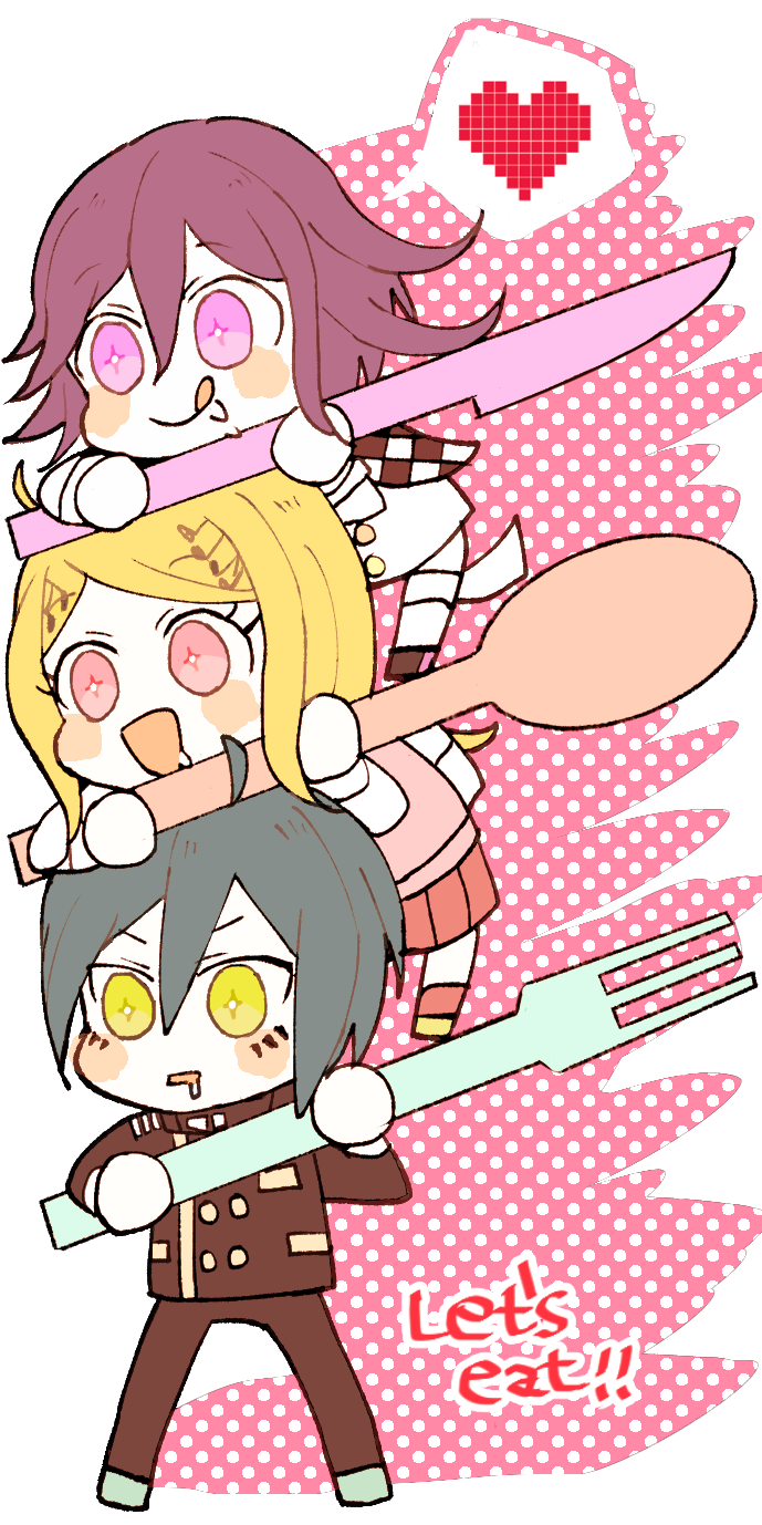 1girl, 2boys, ahoge, akamatsu_kaede, bad_id, bad_pixiv_id, blonde_hair, blush