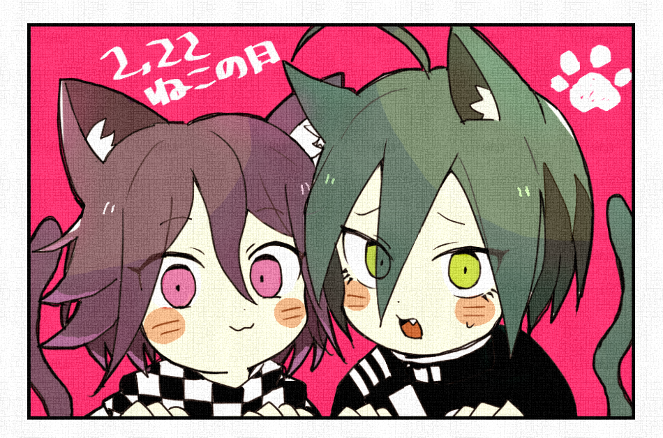 2boys, ahoge, animal_ears, bad_id, bad_pixiv_id, blush, cat_ears, cat_tail