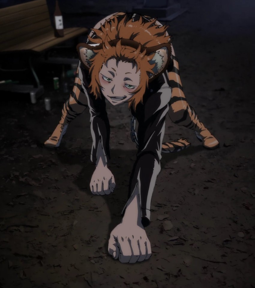 1girl, aira_kanae, all_fours, animal_costume, animal_ears, animal_print, anime_screenshot, bench, black_jacket, blush, boots, can, cat_ears, cat_girl, cropped_jacket, drunk, female_focus, highres, jacket, juuni_taisen, leather, leather_jacket, looking_at_viewer, midriff, night, open_clothes, open_jacket, orange_hair, panties, short_hair, smile, solo, stitched, thigh_boots, thighhighs, third-party_edit, tiger_costume, tiger_ears, tiger_print, underwear