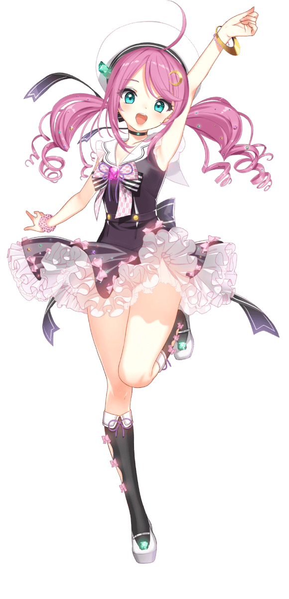 1girl, ahoge, aqua_eyes, arm_up, armpits, artist_request, beret, black_socks, bow, bowtie, bracelet, choker, crescent, crescent_hair_ornament, female_focus, full_body, gem, hair_ornament, hairclip, hat, highres, jewelry, kneehighs, leg_up, long_hair, looking_at_viewer, onsen_musume, open_mouth, pink_hair, sleeveless, smile, socks, solo, standing, standing_on_one_leg, transparent_background, tsukioka_kurumi, twintails