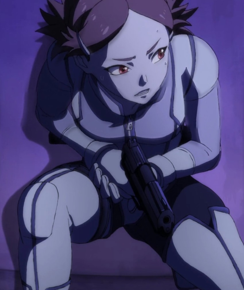 1girl, anime_screenshot, bodysuit, brown_hair, female_focus, gun, hair_ornament, hairclip, handgun, highres, holding, holding_gun, holding_weapon, juuni_taisen, kiyoko_(juuni_taisen), kneeling, on_one_knee, open_mouth, red_eyes, short_hair, solo, stitched, sweat, third-party_edit, weapon