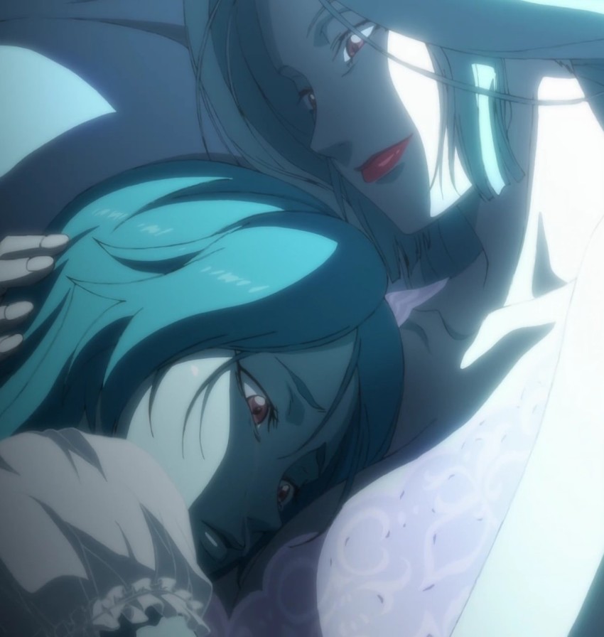 2girls, anime_screenshot, bra, breasts, highres, hug, inou_toshiko, juuni_taisen