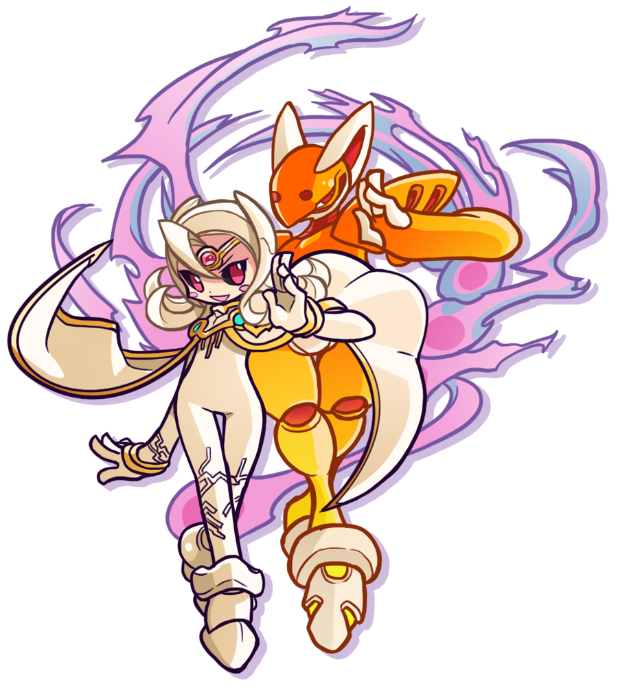 1boy, androgynous, animal_ears, arm_up, black_sclera, blush_stickers, bodysuit, capcom