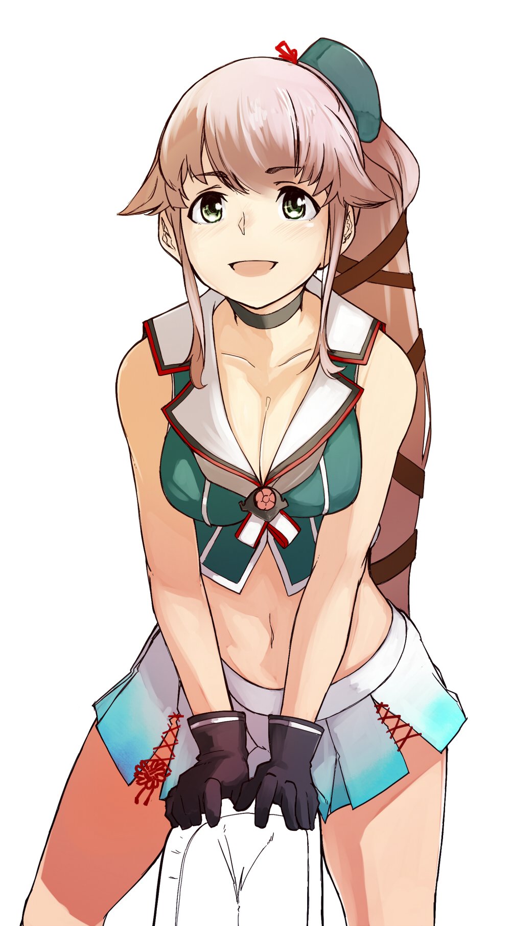 1girl, :d, beret, black_gloves, black_ribbon, breasts, choker, cleavage