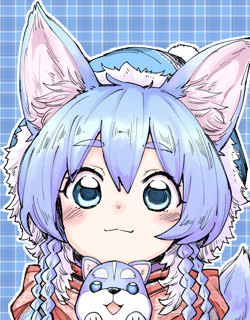 1girl, :3, absurdres, animal, animal_ears, blue_background, blue_eyes, blue_hair