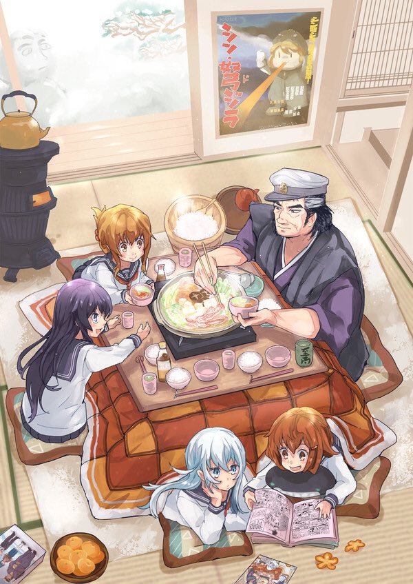 1boy, 5girls, akatsuki_(kancolle), blue_eyes, blue_hair, brown_eyes, brown_hair, chopsticks