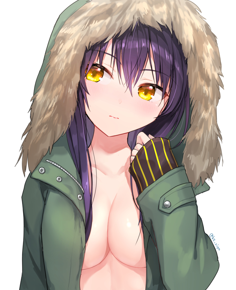 1girl, blush, breasts, coat, commentary_request, female_focus, green_coat, holding