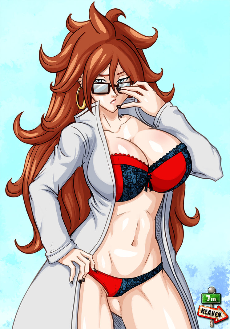 1girl, 7th-heaven, adjusting_eyewear, android, android_21, big_hair, black-framed_eyewear, black_nails, blue_background, blue_eyes, bra, breasts, brown_hair, cleavage, curly_hair, curvy, cyborg, dragon_ball, dragon_ball_fighterz, earrings, female_focus, glasses, gluteal_fold, hand_on_eyewear, hand_on_own_hip, hoop_earrings, huge_breasts, jewelry, lab_coat, lingerie, long_hair, looking_at_viewer, multicolored_bra, multicolored_panties, nail_polish, navel, panties, solo, stomach, thick_thighs, thighs, underwear