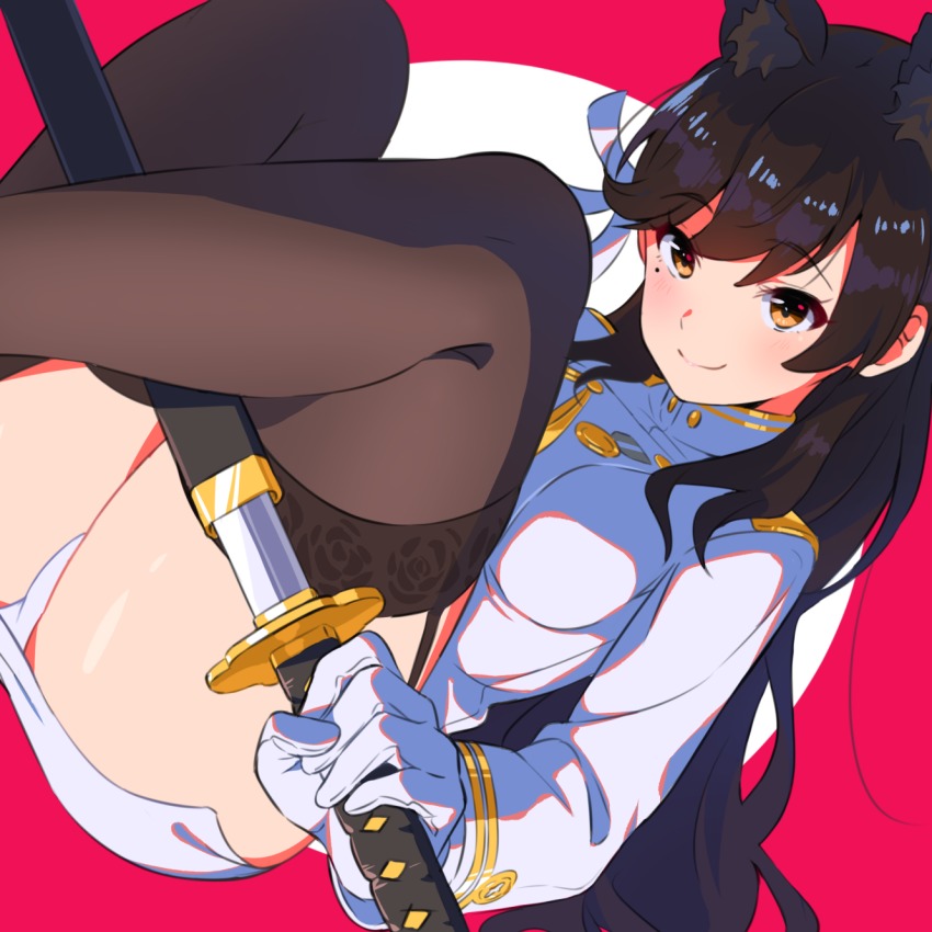 1girl, animal_ears, atago_(azur_lane), azur_lane, bad_id, bad_pixiv_id, black_hair, black_thighhighs, brown_eyes, female_focus, floral_print, garter_straps, gloves, highres, katana, long_hair, long_sleeves, looking_at_viewer, military, military_uniform, miniskirt, mole, mole_under_eye, naval_uniform, panties, pantyshot, red10, rose_print, sheath, skirt, smile, solo, sword, thighhighs, underwear, unsheathing, weapon, white_gloves, white_panties