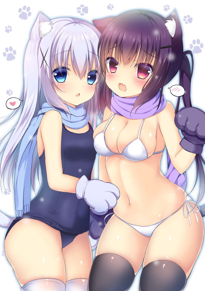 2girls, :d, animal_ears, animal_hands, bikini, black_legwear, blue_eyes, blue_one-piece_swimsuit