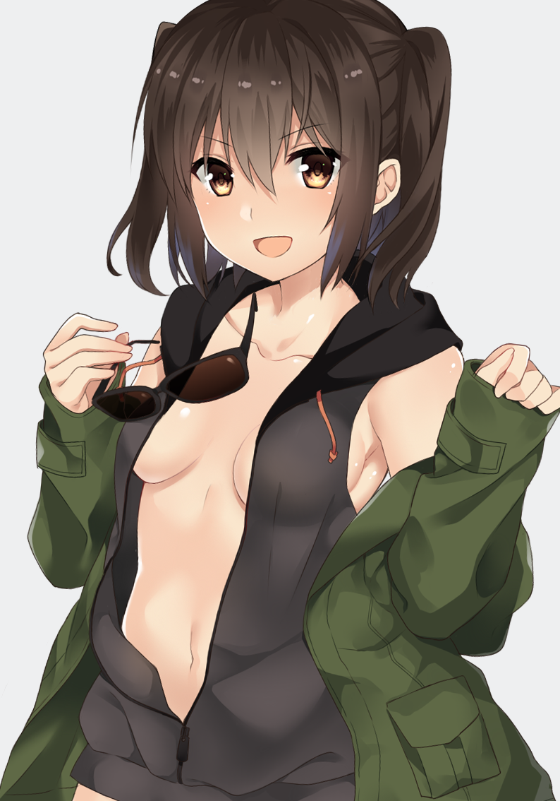 1girl, :d, black_hair, breasts, brown_eyes, female_focus, grey_background, hair_between_eyes