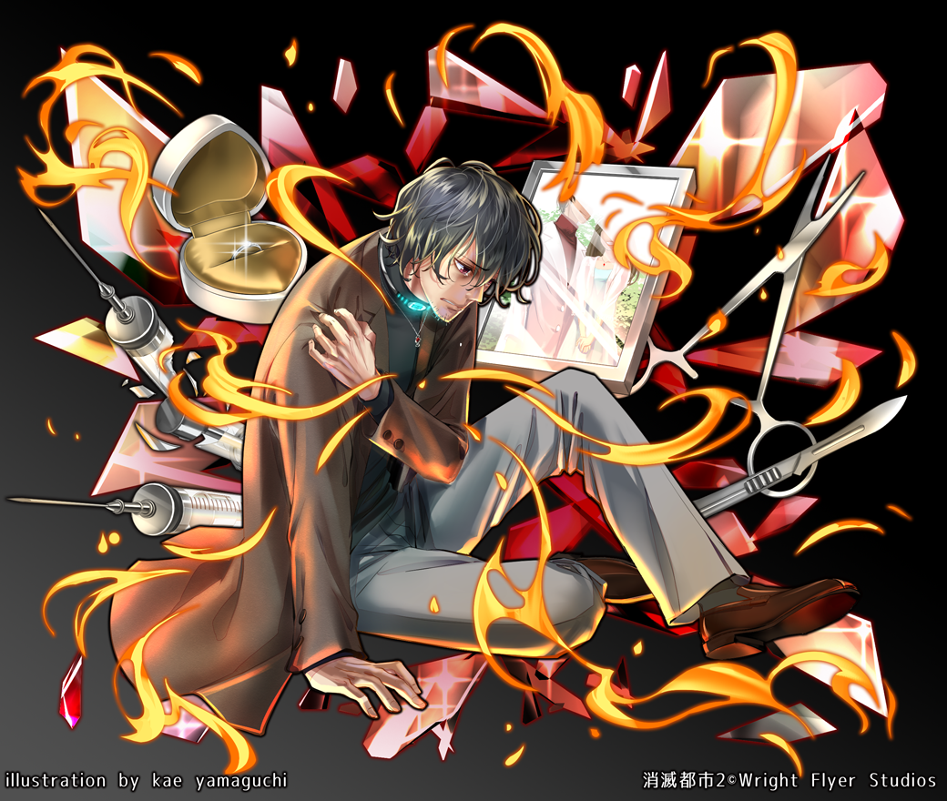 1boy, artist_name, brown_footwear, brown_jacket, clutching_shoulder, copyright_name, glowing, grey_background