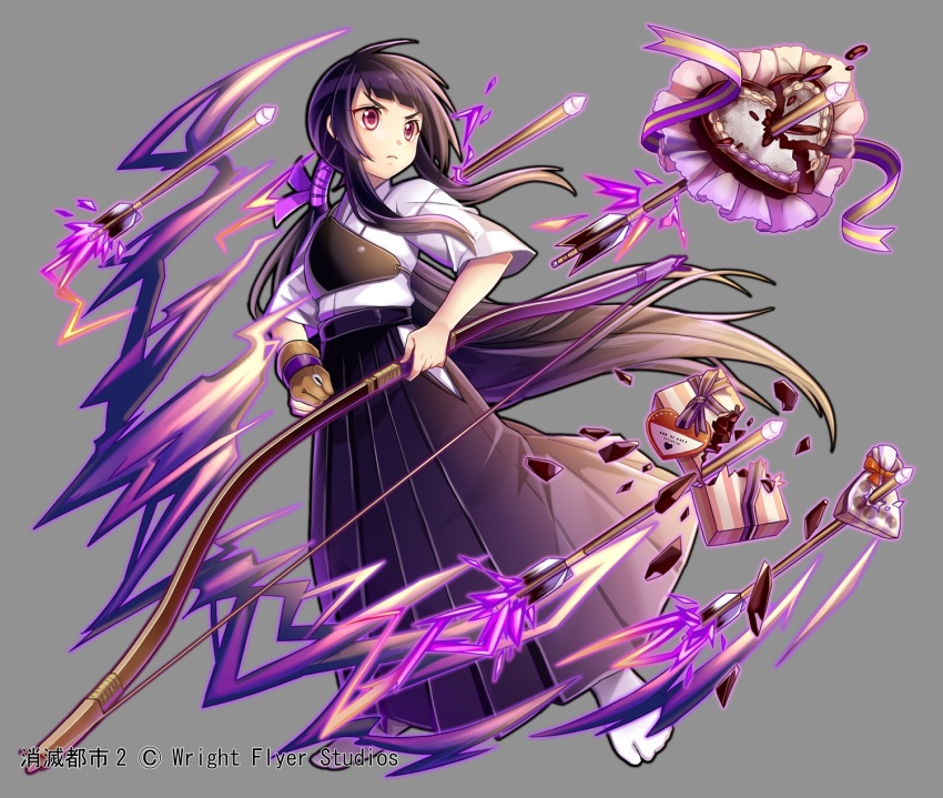 archery, arrow_through_heart, bad_id, bad_pixiv_id, black_hair, black_skirt, bow_(weapon), breaking