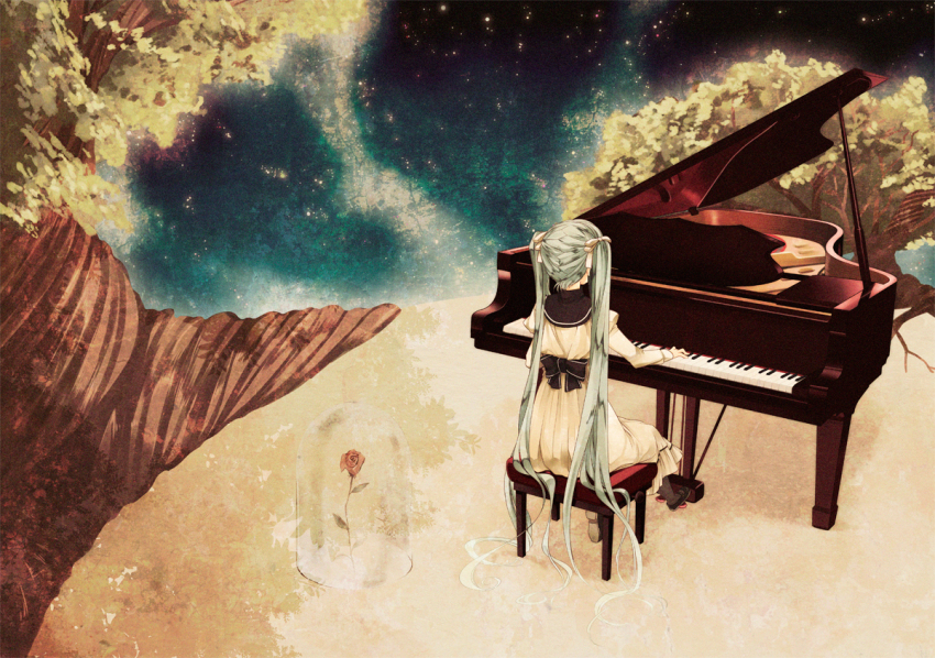 1girl, bad_id, bad_pixiv_id, female_focus, flower, from_behind, grand_piano, green_hair