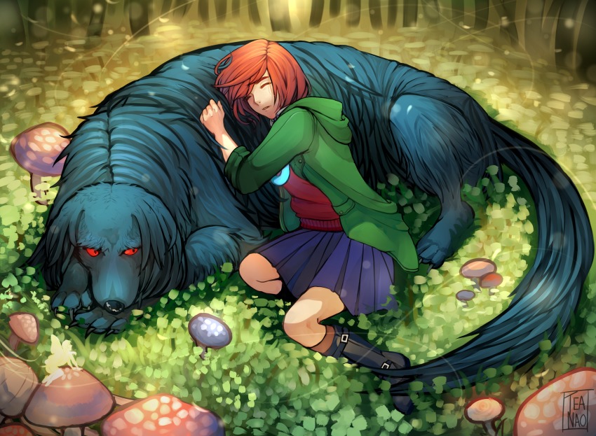 dog, closed_eyes, hatori_chise, highres, mahou_tsukai_no_yome, mushroom, red_eyes, red_hair