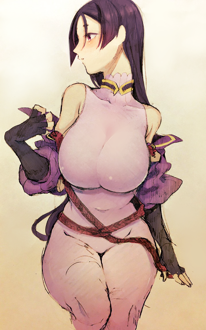 1girl, bare_shoulders, blush, breasts, curvy, fate/grand_order, fate_(series), female_focus, honda_(obon), large_breasts, long_hair, looking_to_the_side, minamoto_no_raikou_(fate), purple_eyes, purple_hair, sitting, solo, very_long_hair