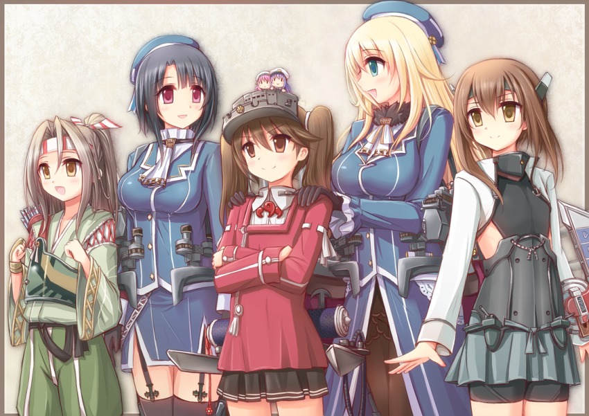 6+girls, :d, akisame_rizu, arrow_(projectile), atago_(kancolle), beret, bike_shorts, black_gloves