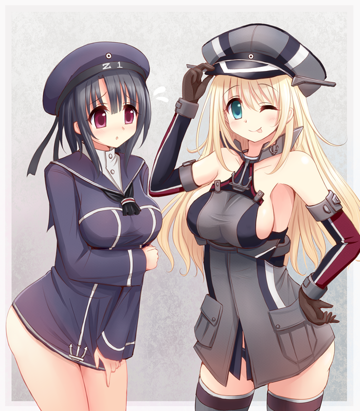 2girls, ;p, akisame_rizu, alternate_costume, aqua_eyes, atago_(kancolle), bismarck_(kancolle), bismarck_(kancolle)_(cosplay)