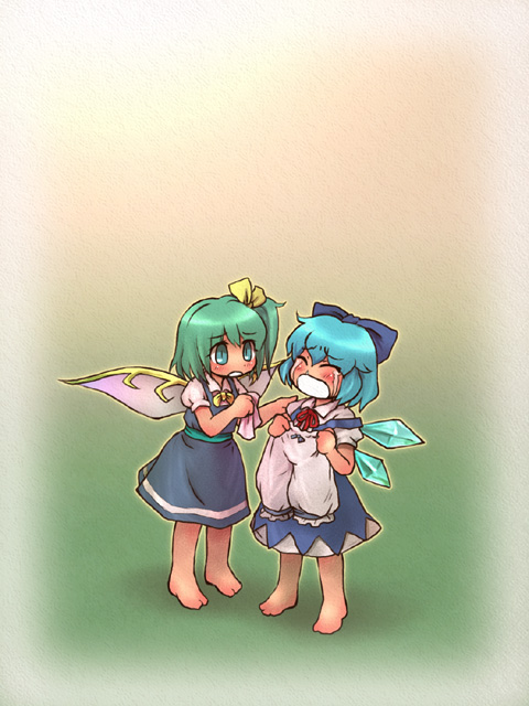 2girls, barefoot, bloomers, blue_hair, cirno, daiyousei, embodiment_of_scarlet_devil, female_focus