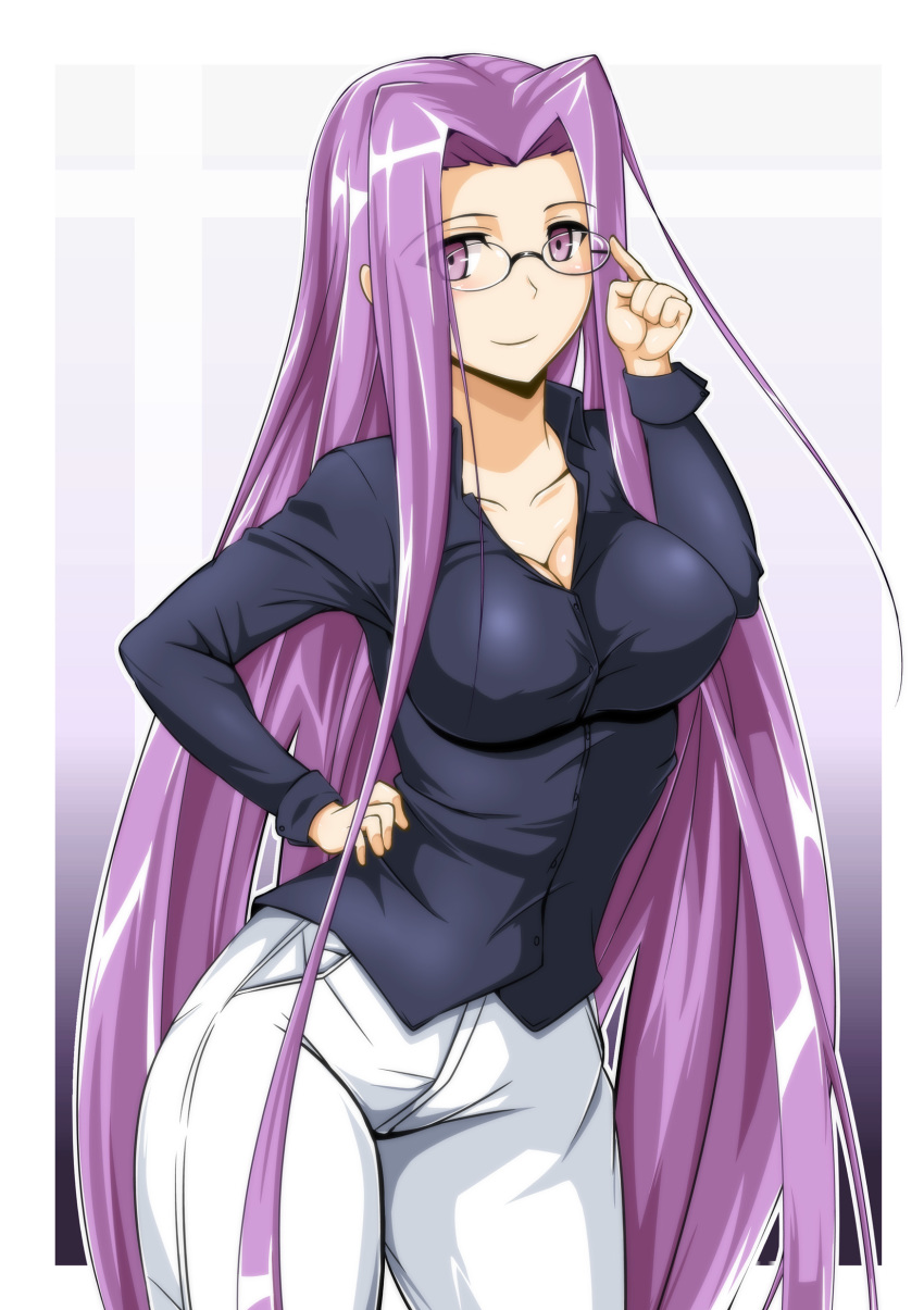 1girl, absurdres, breasts, casual, cleavage, denim, fate/stay_night, fate_(series), female_focus, glasses, hand_on_own_hip, highres, jeans, large_breasts, long_hair, looking_at_viewer, mature_female, medusa_(fate), medusa_(rider)_(fate), pants, purple_eyes, purple_hair, sangyou_haikibutsu_a, shirt, smile, solo, standing, very_long_hair