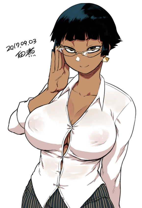 1girl, adjusting_eyewear, ancient_egyptian, black_eyes, black_hair, blunt_bangs, bob_cut, breasts