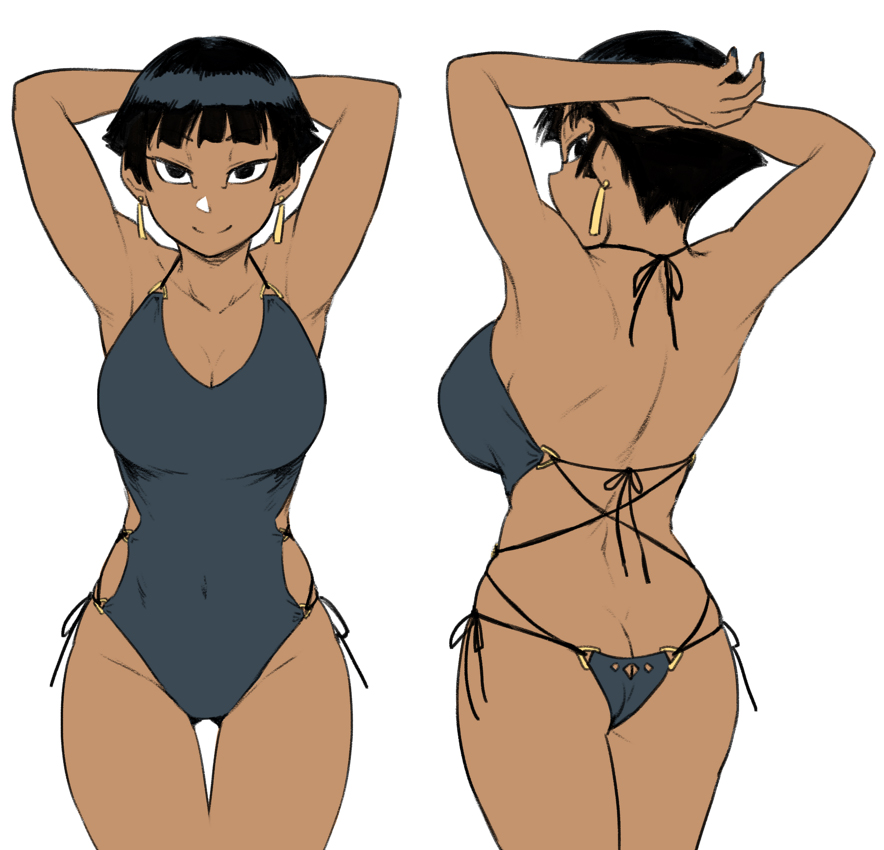 1girl, armpits, arms_behind_head, ass, backboob, bare_shoulders, black_eyes, black_hair