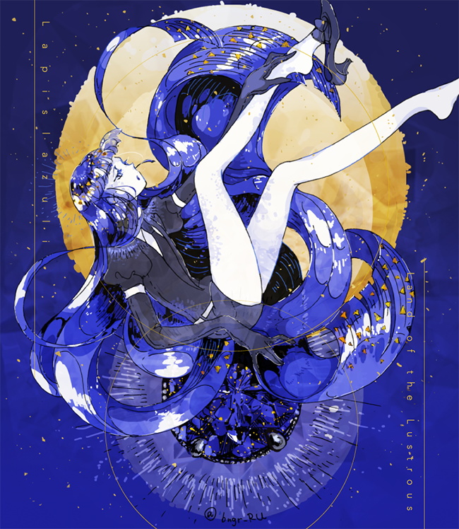 1other, androgynous, artist_name, black_necktie, blue_eyes, blue_hair, character_name, crystal_hair