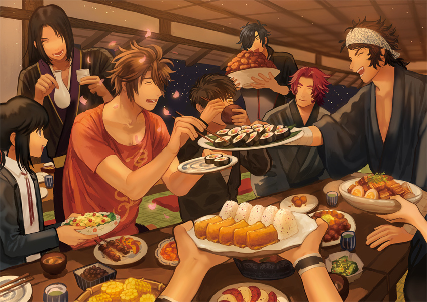 10s, 6+boys, ^_^, aburaage, bandana, black_hair, bowl, brown_hair