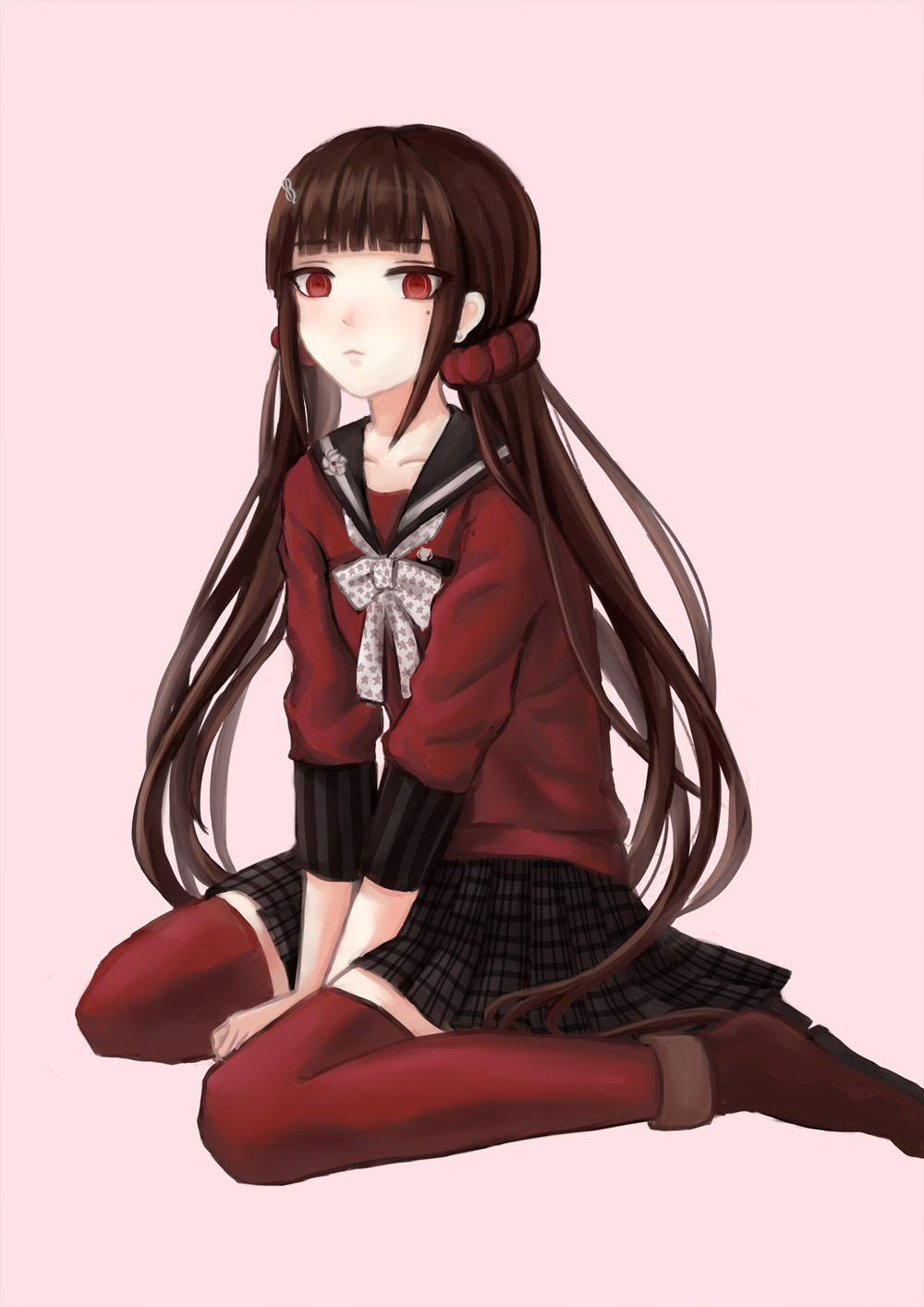 1girl, bad_id, bad_pixiv_id, between_legs, black_skirt, brown_hair, collarbone, danganronpa_(series)