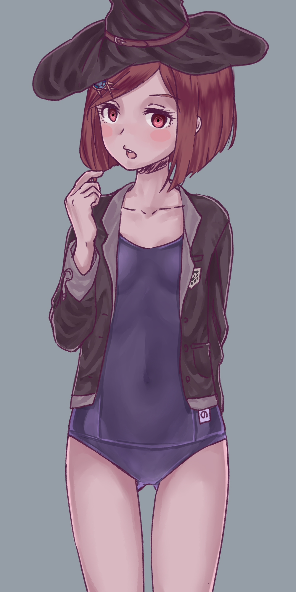 1girl, black_hat, black_shirt, blue_one-piece_swimsuit, blush, breasts, brown_hair, collarbone