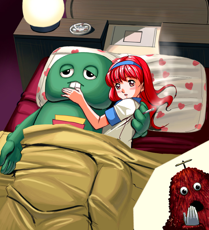 1boy, 1girl, 1other, :o, afterglow, ashtray, bad_id, bad_pixiv_id, bed, blanket, blue_hairband, blush, buck_teeth, cigarette, cigarette_butt, creature, crossover, from_above, fujisaki_shiori, gachapin, hairband, hirake!_ponkikki, hotel_room, hug, indoors, kirameki_high_school_uniform, kouno_(masao), lamp, long_hair, mukku, photoshop_(medium), pillow, pink_eyes, pink_hair, red_hair, school_uniform, serafuku, smoking, surprised, teeth, tokimeki_memorial, tokimeki_memorial_1, walk-in, what