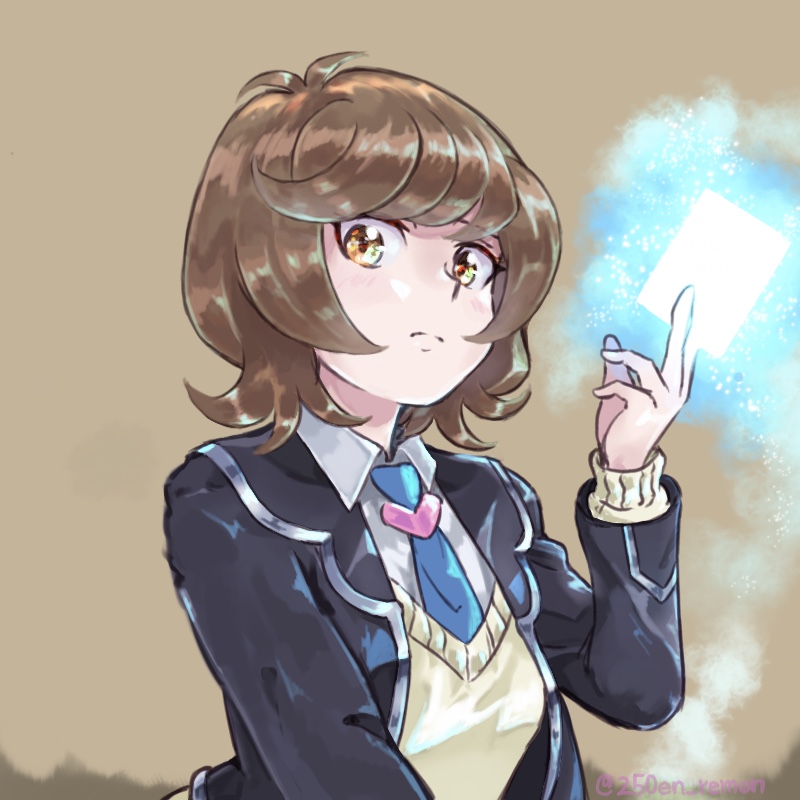 1girl, 250en_remon, blue_necktie, brown_hair, card, female_focus, glowing, heart