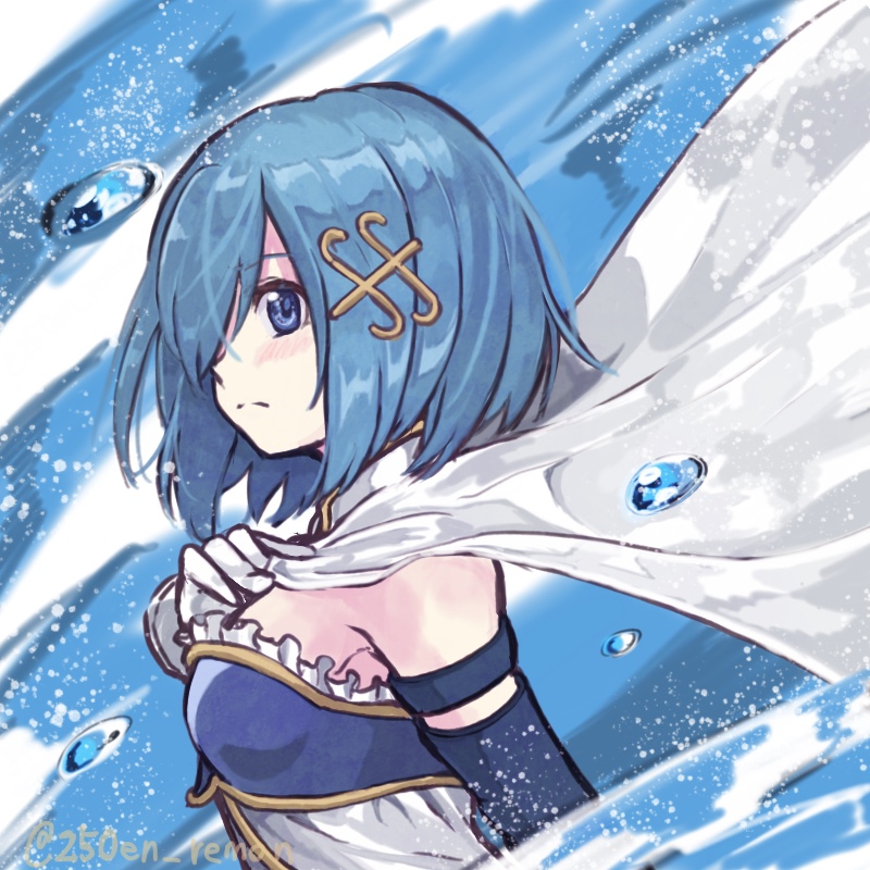 250en_remon, armor, blue_eyes, blue_hair, blush, breastplate, cape, fortissimo