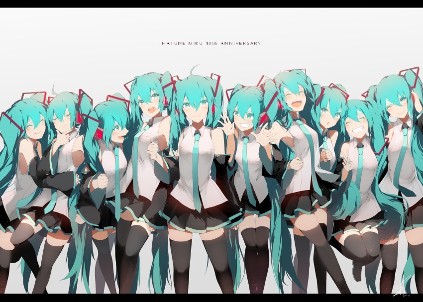 6+girls, ^_^, anniversary, aqua_eyes, aqua_hair, bare_arms, black_legwear, blush