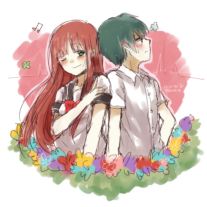 furuya_jun, green_eyes, green_hair, long_hair, minagawa_yuki, purekob, red_hair, school_uniform