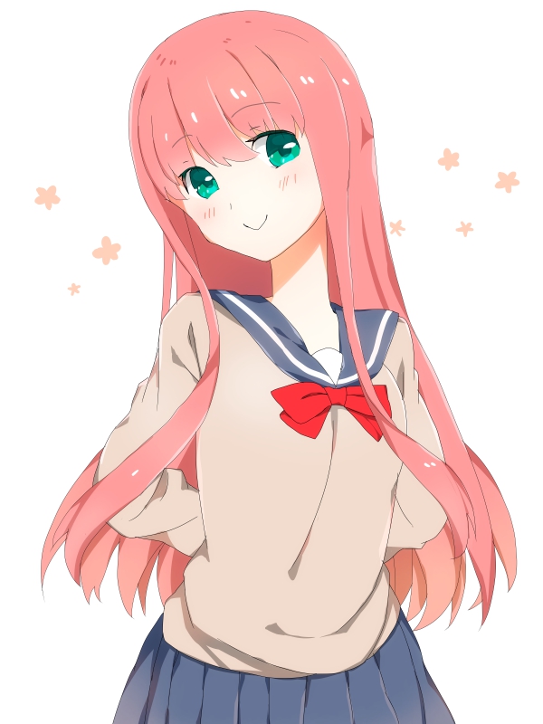 1girl, arms_behind_back, blush, green_eyes, long_hair, looking_at_viewer, minagawa_yuki, pink_hair, school_uniform, simple_background, smile, tsurezure_children, white_background