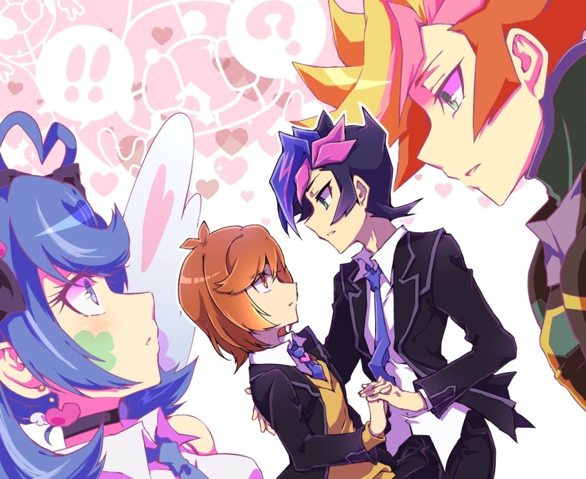 !, 2boys, 2girls, ?, blue_angel_(yu-gi-oh!), blue_eyes, blue_hair, blue_neckwear