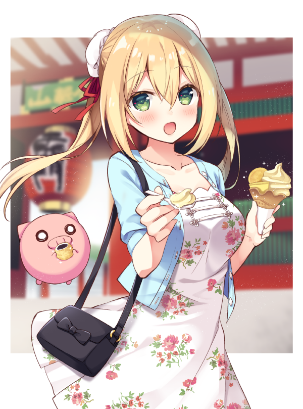 1girl, :d, anzu_(sumisaki_yuzuna), architecture, bad_id, bad_pixiv_id, bag, blonde_hair