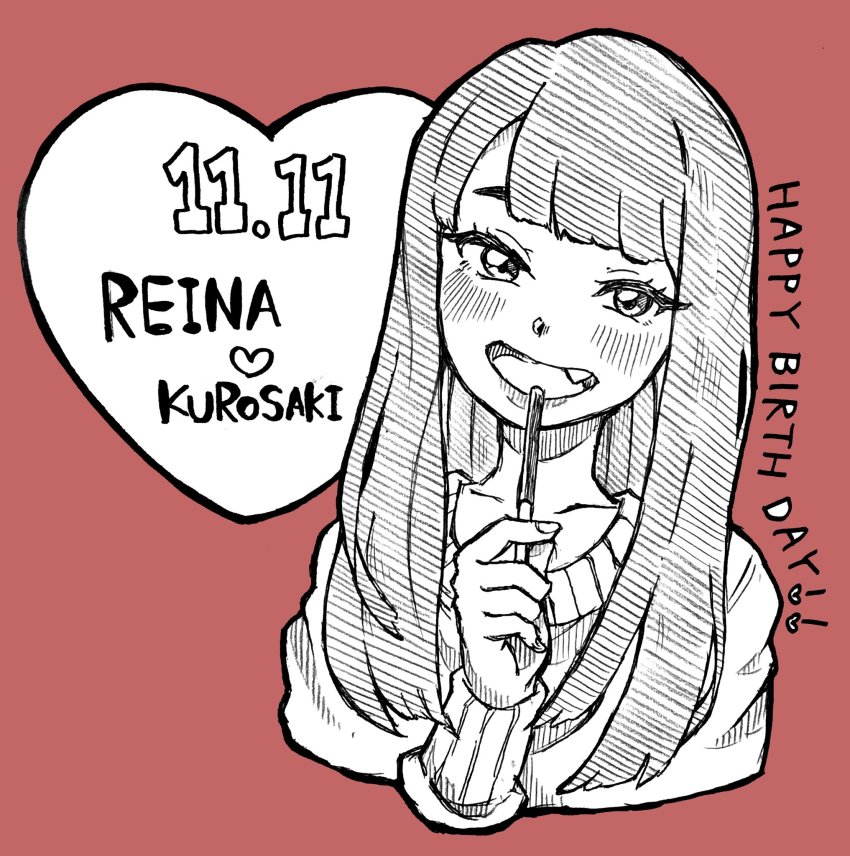 1girl, blush, come_mayuge, fang, happy_birthday, highres, kurosaki_reina, long_hair, pocky