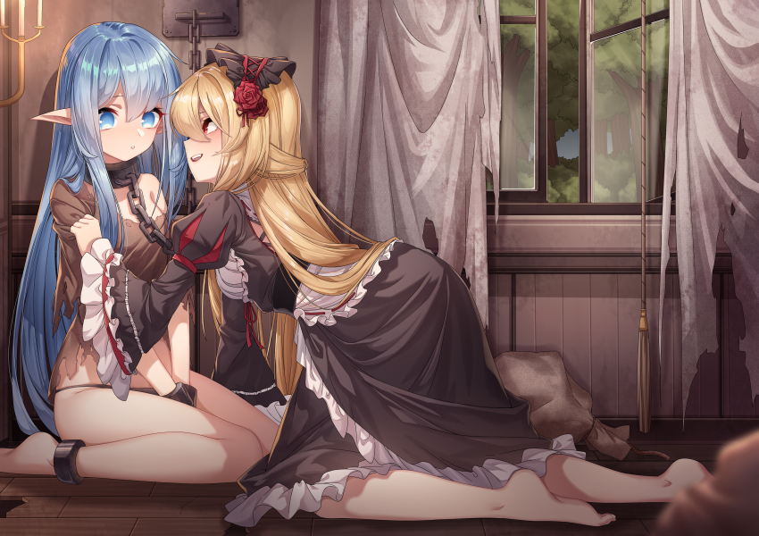 2girls, absurdres, apron, bare_legs, barefoot, between_legs, black_dress, blonde_hair