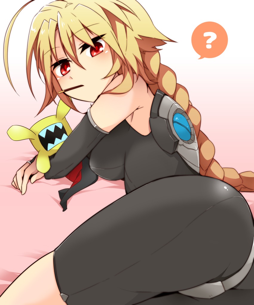 1girl, ?, ass, blazblue, blonde_hair, bodysuit, braid, food, highres, lambda-11, long_hair, pocky, puchi-pochi, red_eyes, single_braid, tartar, very_long_hair