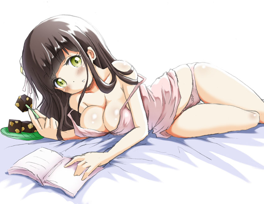 1girl, bare_arms, bare_shoulders, bed_sheet, blunt_bangs, blush, book, breasts