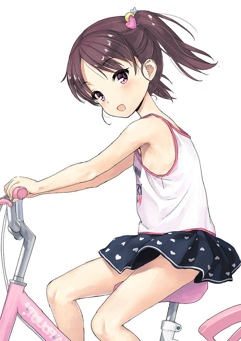 1girl, armpits, bicycle, black_skirt, blush, brown_eyes, brown_hair, camisole, clothes_writing, female_focus, flat_chest, from_side, jiji_(aardvark), legs, long_hair, looking_at_viewer, looking_to_the_side, miniskirt, open_mouth, original, panties, panty_peek, revealing_clothes, riding_bike, simple_background, sitting, skirt, smile, solo, thighs, twintails, underwear, white_background, white_camisole, wind, wind_lift