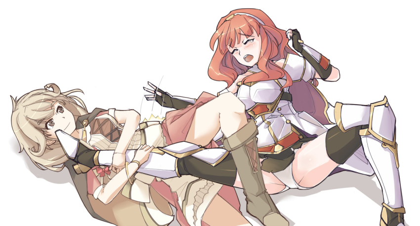 2girls, blush, brown_eyes, brown_hair, celica_(fire_emblem), closed_eyes, faye_(fire_emblem), fingerless_gloves