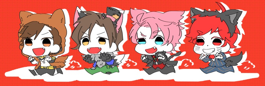 10s, 5boys, animal_ears, animal_hood, blue_eyes, brown_eyes, chibi, dog_hood, fake_animal_ears, fang, formal_clothes, halloween_costume, highres, hood, idolmaster, idolmaster_side-m, kabuto_daigo, kamiya_yukihiro, multiple_boys, oinari_(umbs), patterned_background, pink_hair, pinstripe_pattern, running, striped, suit, tachibana_shiro_(idolmaster), tail, tendo_teru, trait_connection, wolf_ears, wolf_tail, yellow_eyes