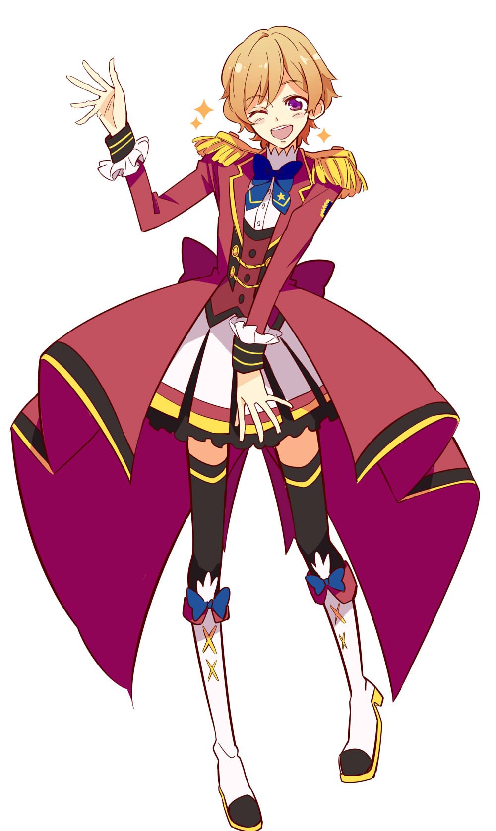 10s, 1boy, :d, ;), ;d, aikatsu!, aikatsu!_(series), aikatsu_stars!, black_thighhighs, blonde_hair, boots, crossdressing, crossdressing_(mtf), full_body, highres, kasumi_asahi, knee_boots, male_focus, one_eye_closed, open_mouth, ponekusan, purple_eyes, smile, solo, sparkle, thighhighs, waving, white_boots