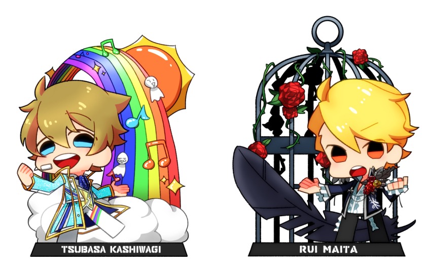 10s, 2boys, alternate_costume, birdcage, blonde_hair, blue_eyes, cage, character_name, chibi, clenched_hand, coat, feathers, flower, headset, idolmaster, idolmaster_side-m, kashiwagi_tsubasa, maita_rui, multiple_boys, musical_note, oinari_(umbs), open_clothes, open_coat, orange_eyes, outstretched_arms, plant, rainbow, rose, sakuraba_kaoru, sun, tendo_teru, teruterubouzu, vines