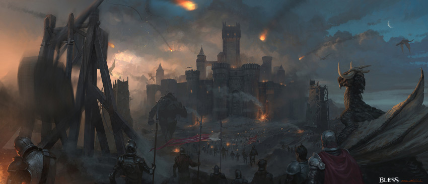 ambiguous_gender, armor, army, banner, breastplate, brown_hair, cape, castle, catapult, cloud, cloudy_sky, copyright_request, crescent_moon, dragon, facing_away, fantasy, fire, from_behind, full_armor, giant, helmet, highres, holding, holding_weapon, hwanggyu_kim, marching, moon, original, outdoors, plate_armor, polearm, red_cape, scenery, shoulder_armor, siege, siege_tower, signature, sky, smoke, soldier, pauldrons, trebuchet, twilight, weapon